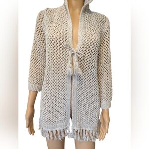 J-jill Natural Cream Crochet Hooded Cardigan Sweater